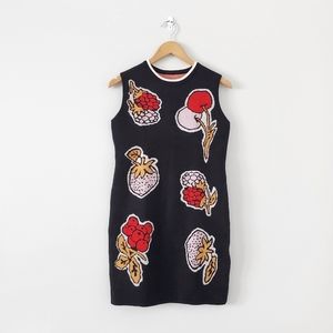 Black Fruits Print Wool Sleeveless Mini Shift Dress